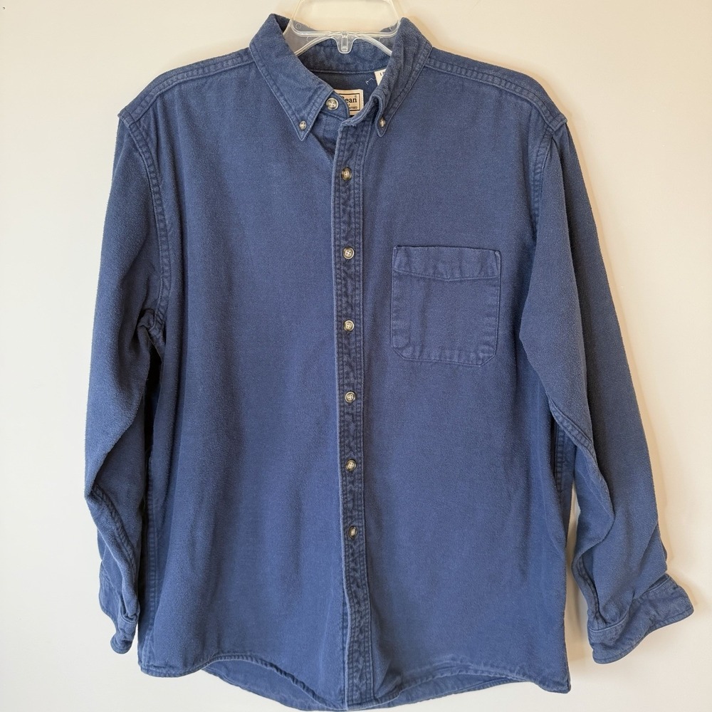Vtg L.L Bean Navy Blue Chamois Heavy Cotton Flannel Work Casual Shirt Mens SZ-L - Picture 10 of 11